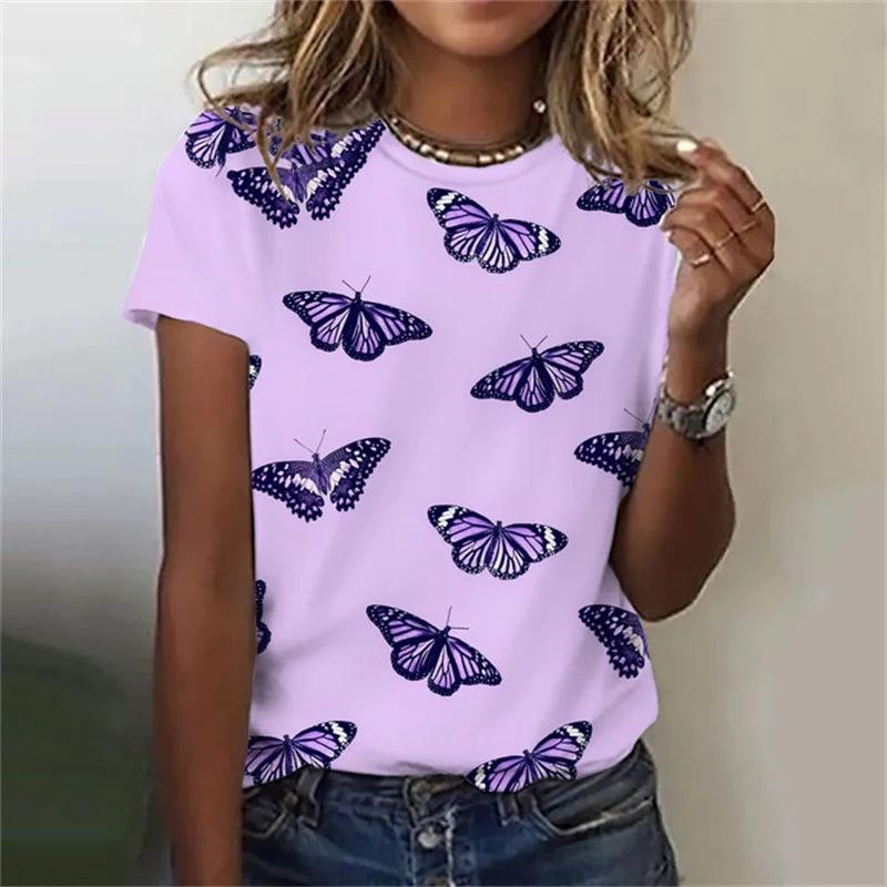 Summer Round Neck Butterfly Pattern 3D Print Top Fashionable Casual Short Sleeved Women's T-shirts