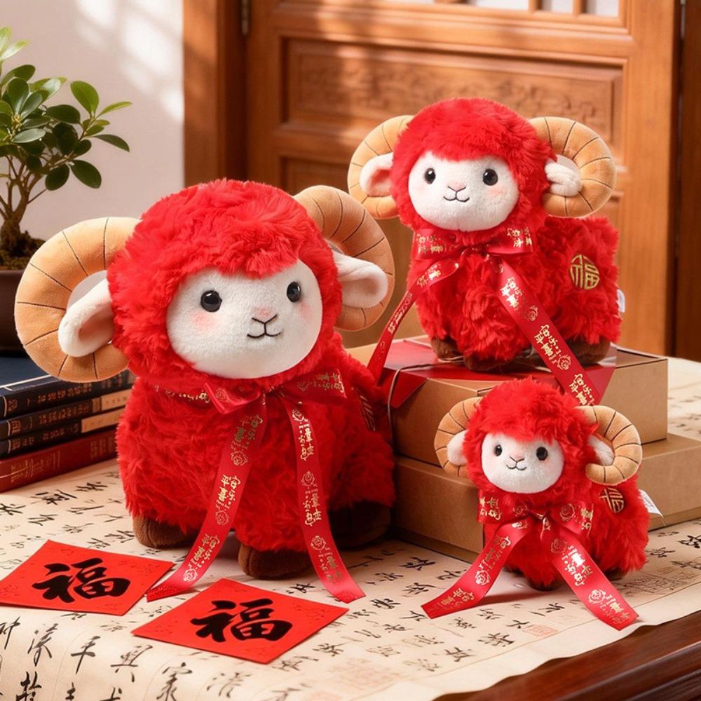 PP Cotton Filled Stuffed Plush Sheep with Bow Ribbon Zodiac Sheep Keychain Car Interiors
