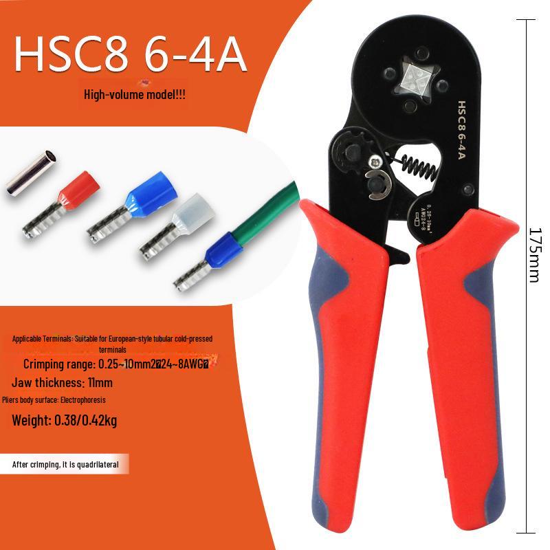 

HSC8 6-4A Self-Adjusting Crimping Tool for VE Tube Terminals, 0.25-10mm Range, Quadrilateral Crimping.