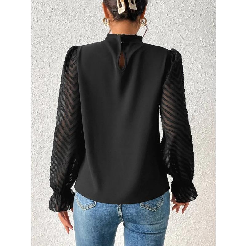 Women S Half High Neck Wavy Chiffon Long Sleeve Loose Blouse
