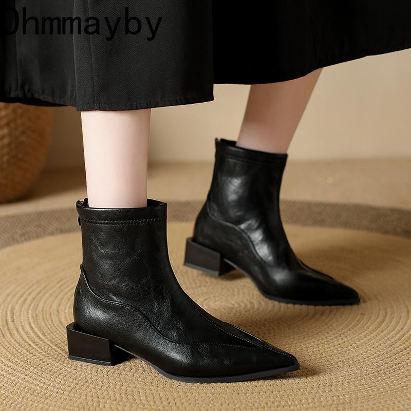 Winter Pointed Toe Thick Heels Women Ankle Boots Fashion Short Plush Shoes Female Vintage Slim Short Booties  De Muje