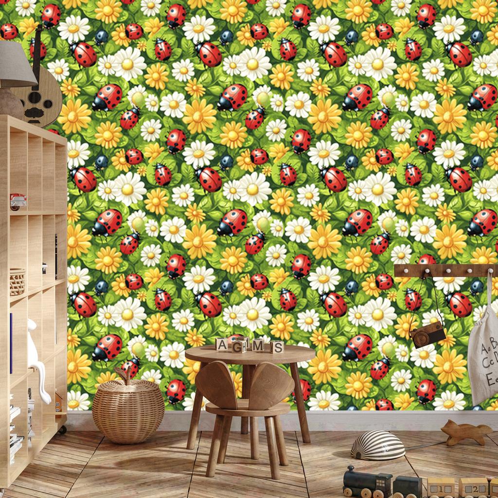 Ladybugs Wallpaper Lime and Yellow for Living Room and Bedroom 50x1000