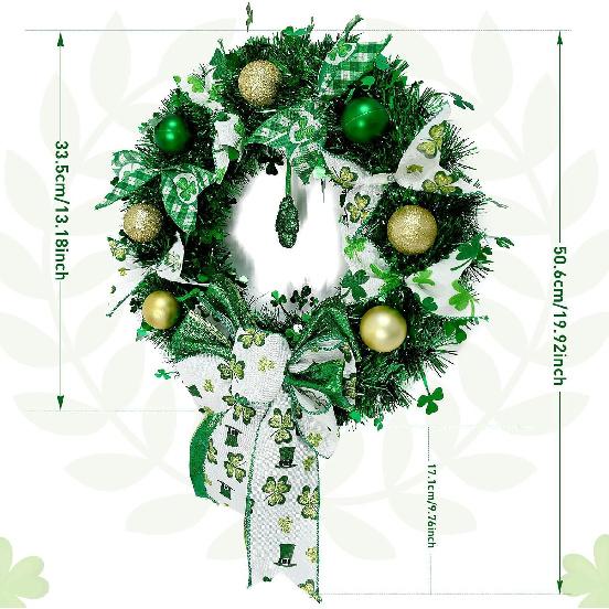 15.75" Greenery Wreath St. Patrick's Day Wreaths for Front Door Home Decor Four Leaf Clover Wreath Artificial Greenery Spring Shamrock Wreath Wall
