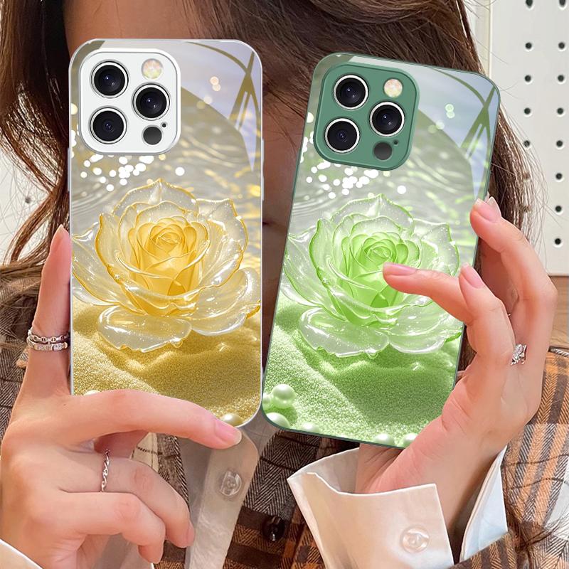 Gradientowy Kryształowa Róża Dla iPhone 16 E 15 14 13 Plus 12 mini 11 Pro Max XR Xs Max 16E X 7 8 6 6S 2022 Hartowane Szkło Pokrowiec na Telefon