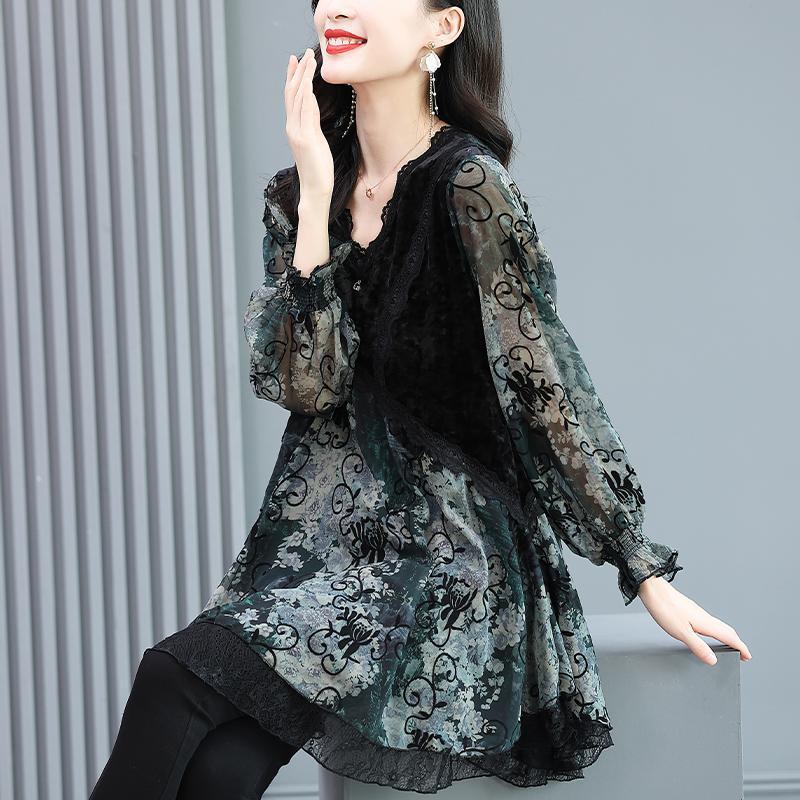 Woman Spring Autumn Style Chiffon Blouses Tops Lady Casual V-Neck Long Sleeve Long Blusas Tops