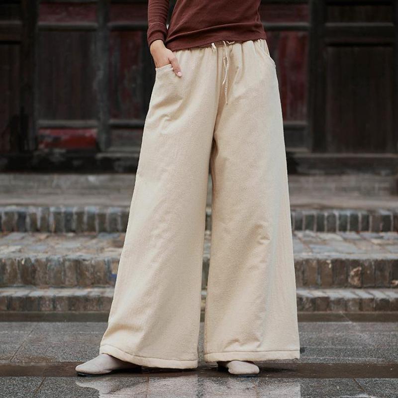 Johnature Fashion All-match Casual Retro Elastic Waist Wide Leg Pants Autumn Winter Simple Comfortable Women Warm Pants