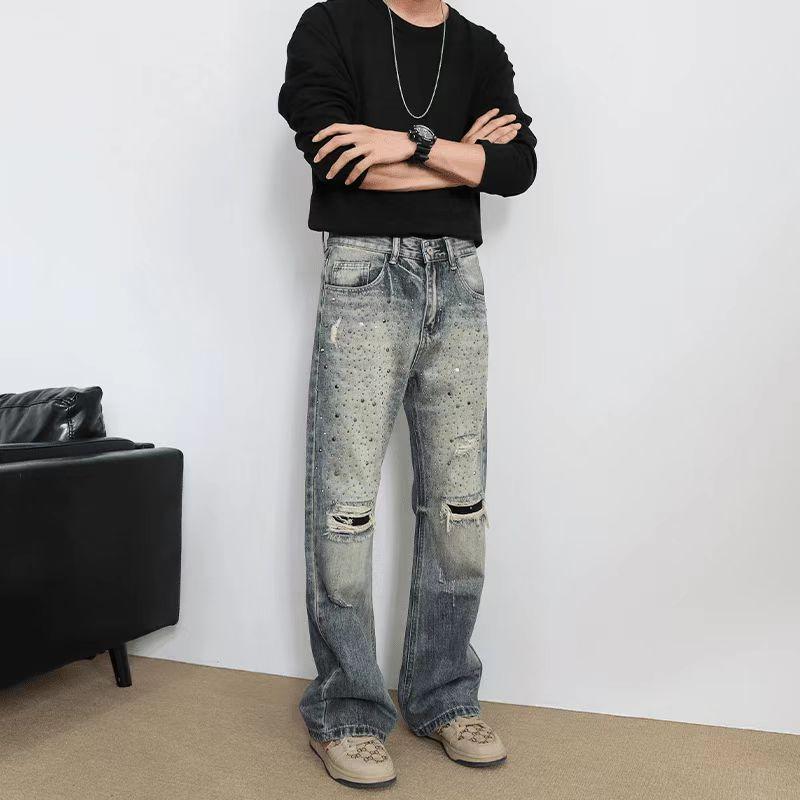 Hot diamond fake hole micro-horn jeans men's trousers loose trend autumn new ruffian handsome casual pants