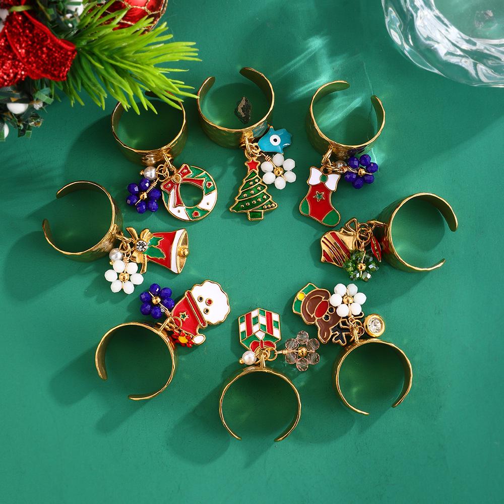 European & American Cartoon Christmas Snowflake Titanium Steel Drip Oil Flower Open Ring for Women