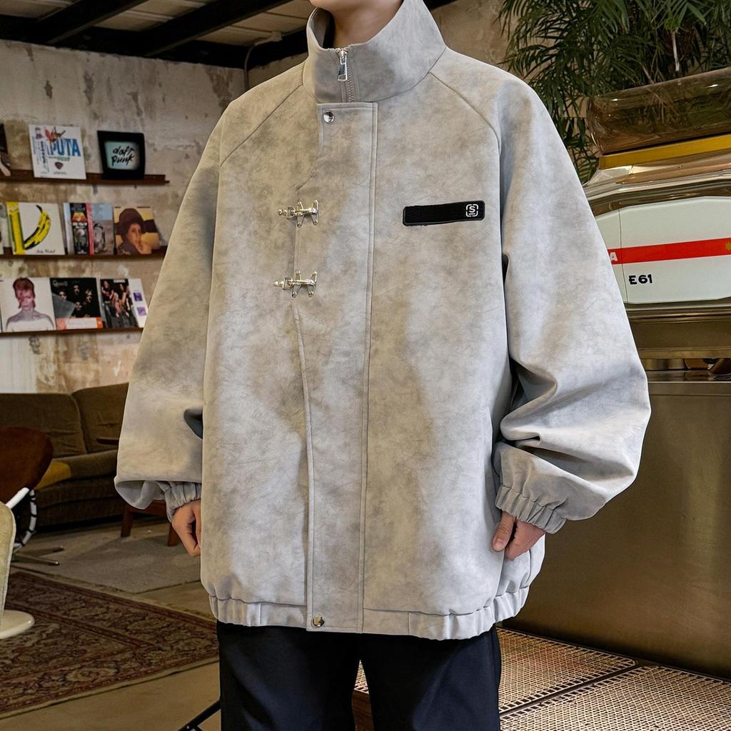 Men's Retro Tie-Dye PU Leather Jacket with Metal Airplane Buckle and Stand Collar - Autumn/Winter Outerwear