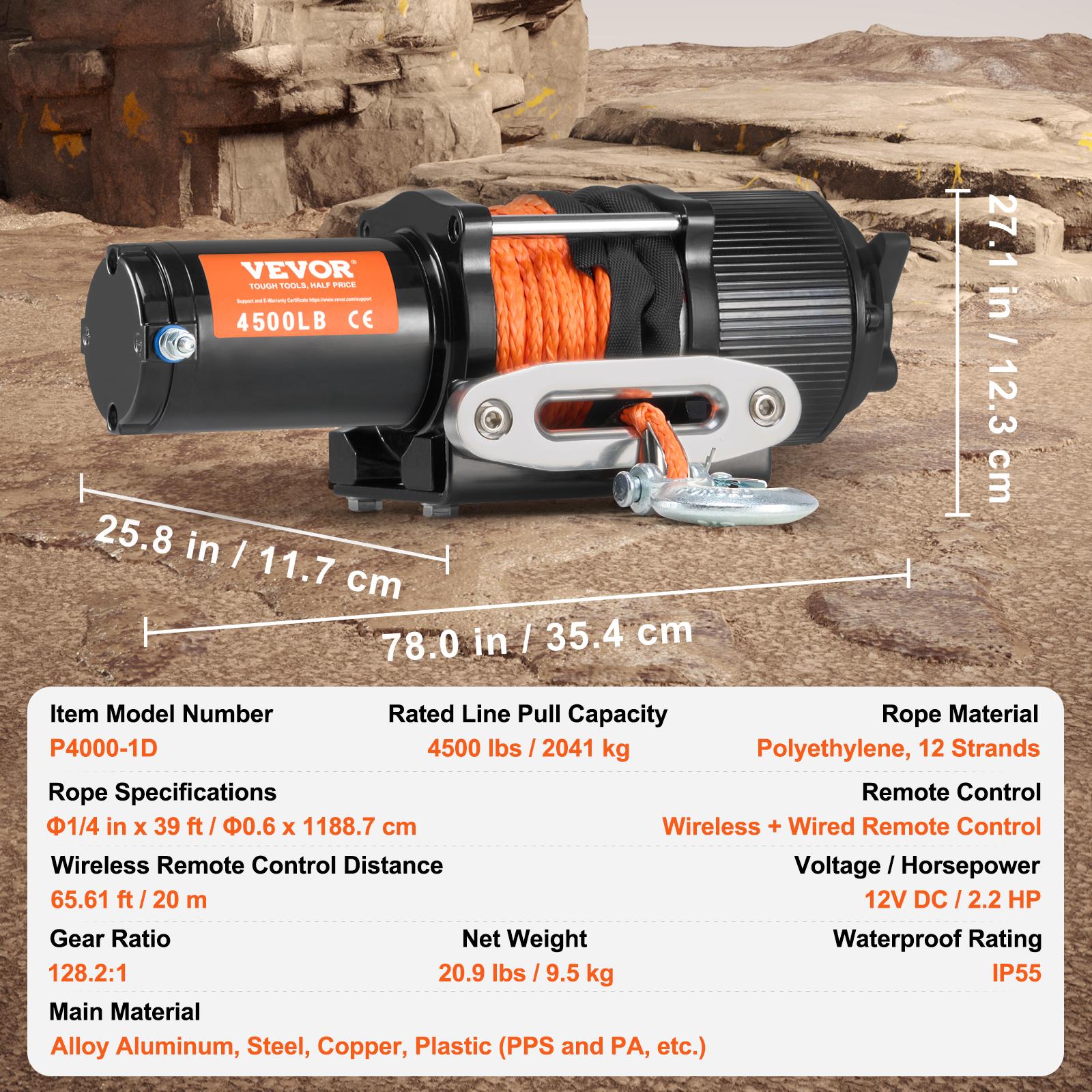

SucceBuy Электрическая лебедка для квадроциклов/мотовездеходов 4500 фунтов 12 В с 39-футовым синтетическим тросом, беспроводным и проводным пультом дистанционного управления, водонепроницаемость IP55 для джипов