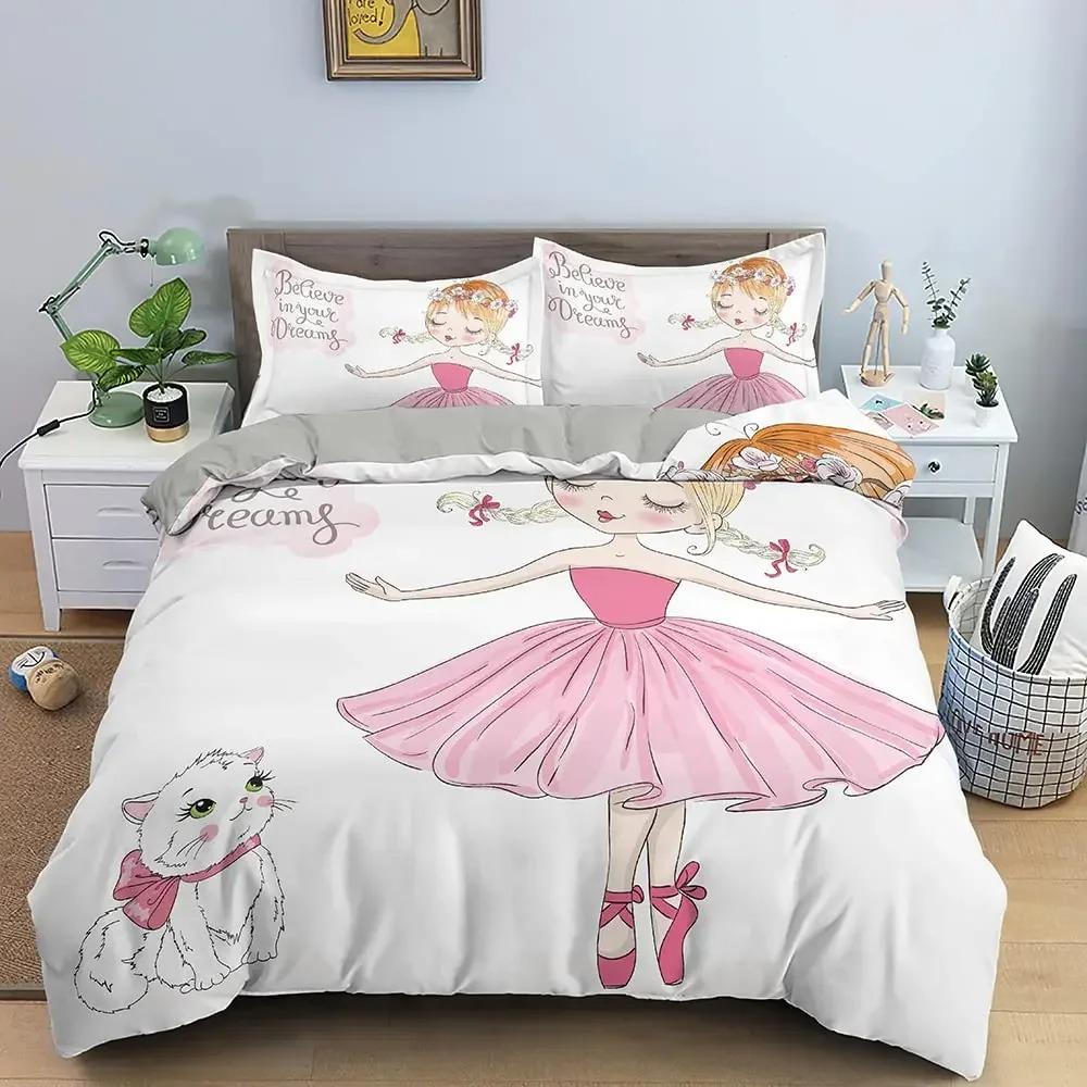 Conjunto de Capa de Edredom de Desenho Animado Bailarina Dançando Estilo Princesa Conjunto de Cama Solteiro Infantil Menina Nórdico Capa de Cama Solteiro Solteiro Plus Queen King