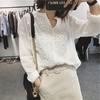 Spring and Summer Ladies's V-neck Long-sleeved Embroidered Three-diMansional Flowers Loose Pullover White Shirt