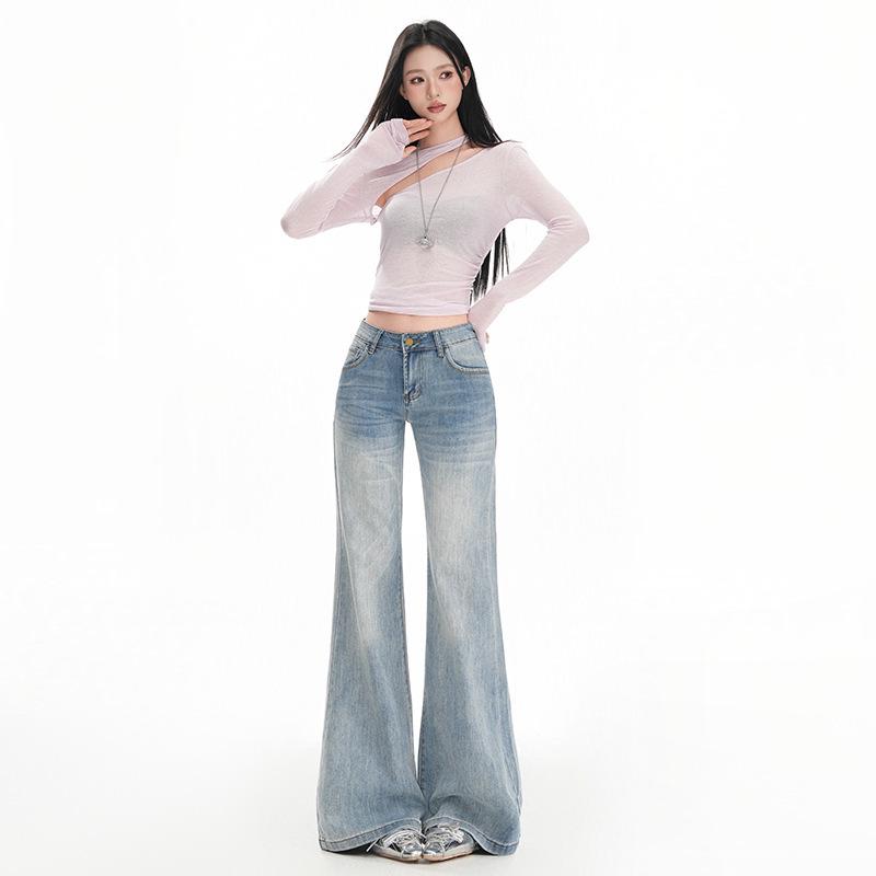 

Ice Blue Women s Low-Waist Slim Fit Micro Flare Jeans - 2025 Trendy Extended Length Cropped Pants XS