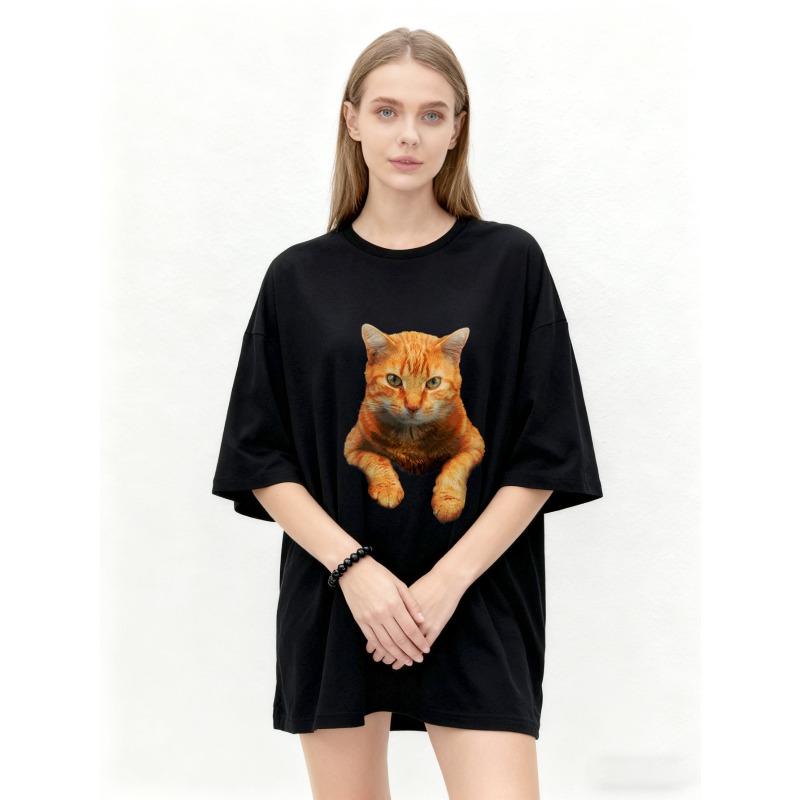 Oversized T Shirt Black Orange Cat Print Casual Wear for Women Summer Fashion Streetwear Top Unisex Loose Fit Graphic Tee