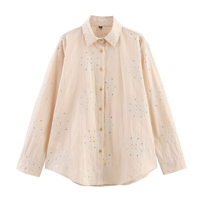 

Kaslead New Women clothes Western Style Adhesive Press Hollow Embroidery Long sleeve V-neck Shirts 1971056 075 Image color L