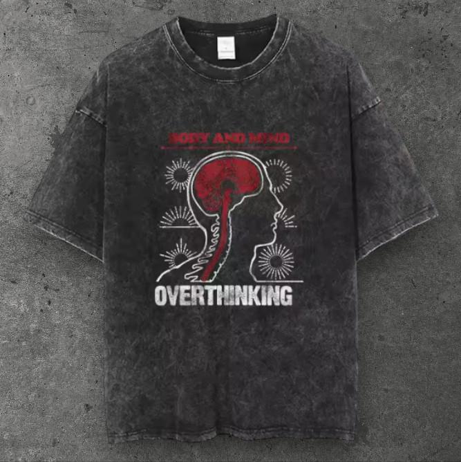 Mens Overthinking Brain Graphic Cotton T Shirt Washed Black Punk Aesthetic S-3XL S разноцветный