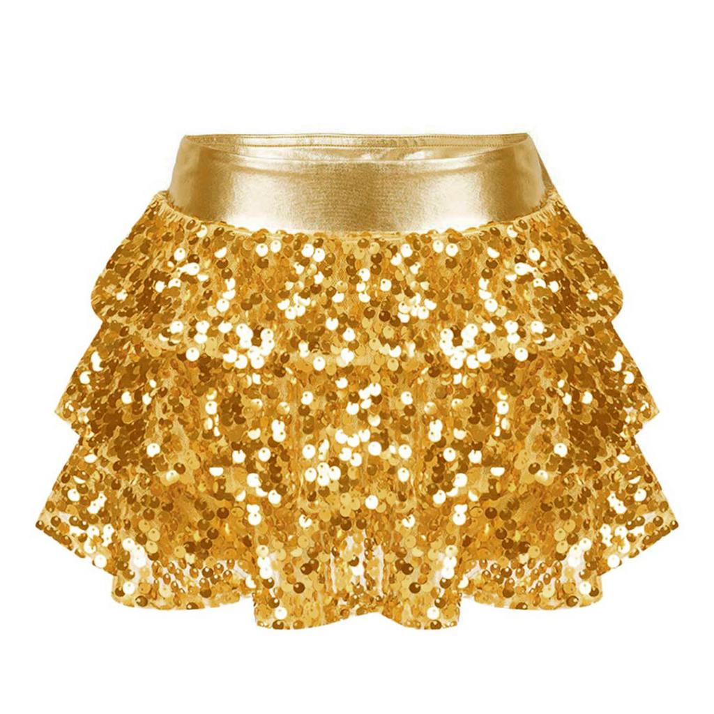 Conjunto de Top Corto Brillante con Lentejuelas, Manga Larga, de Un Hombro y Pantalones Culotte con Volantes en Capas para Niñas, Danza Jazz, Competición de Escenario