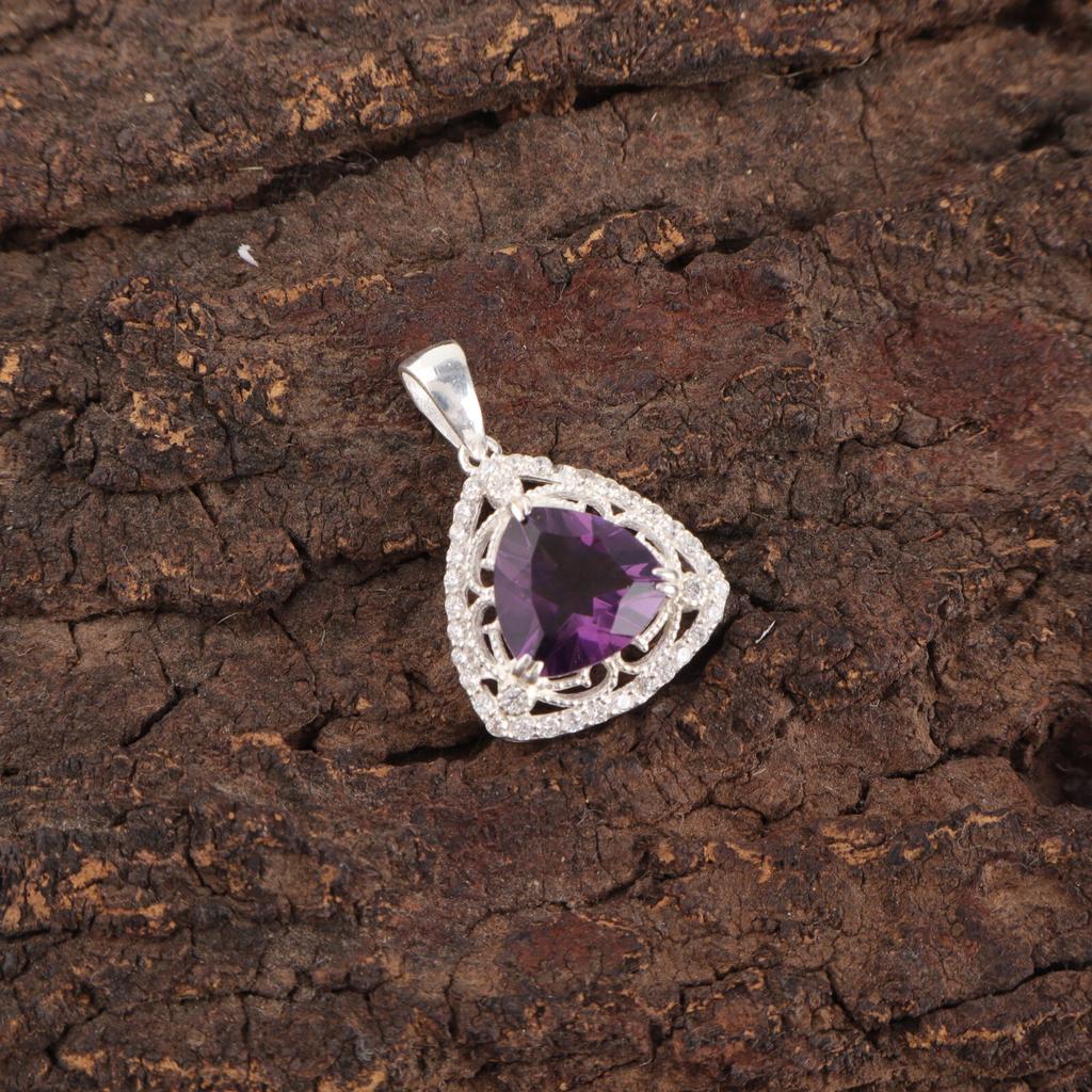 Amethyst Gemstone 925 Sterling Silver Jewelry Fashionable Zircon Pendant 0.99" CZP-8-12