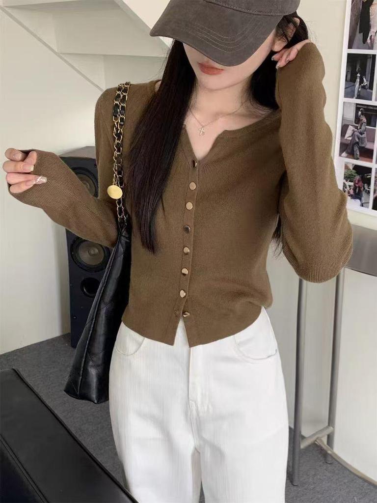 Women's Korean Style V-Neck Button-Down Cardigan Sweater - Autumn/Winter Fashion Knit Outerwear