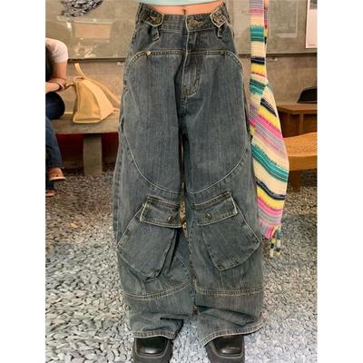 Sokak Kargo Kot Kadın Büyük Cep Boy Gevşek Kadın Kot Pantolon Bahar Sonbahar Hip Hop Retro Bayan Geniş Bacak Pantolon