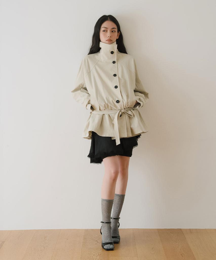 Yearning High Neck Belted Half Jacket, Beige