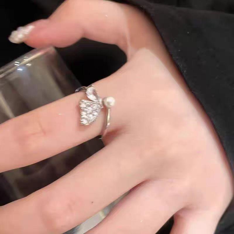 Butterfly zircon pearl ring female index finger ring unique design opening adjustable ring
