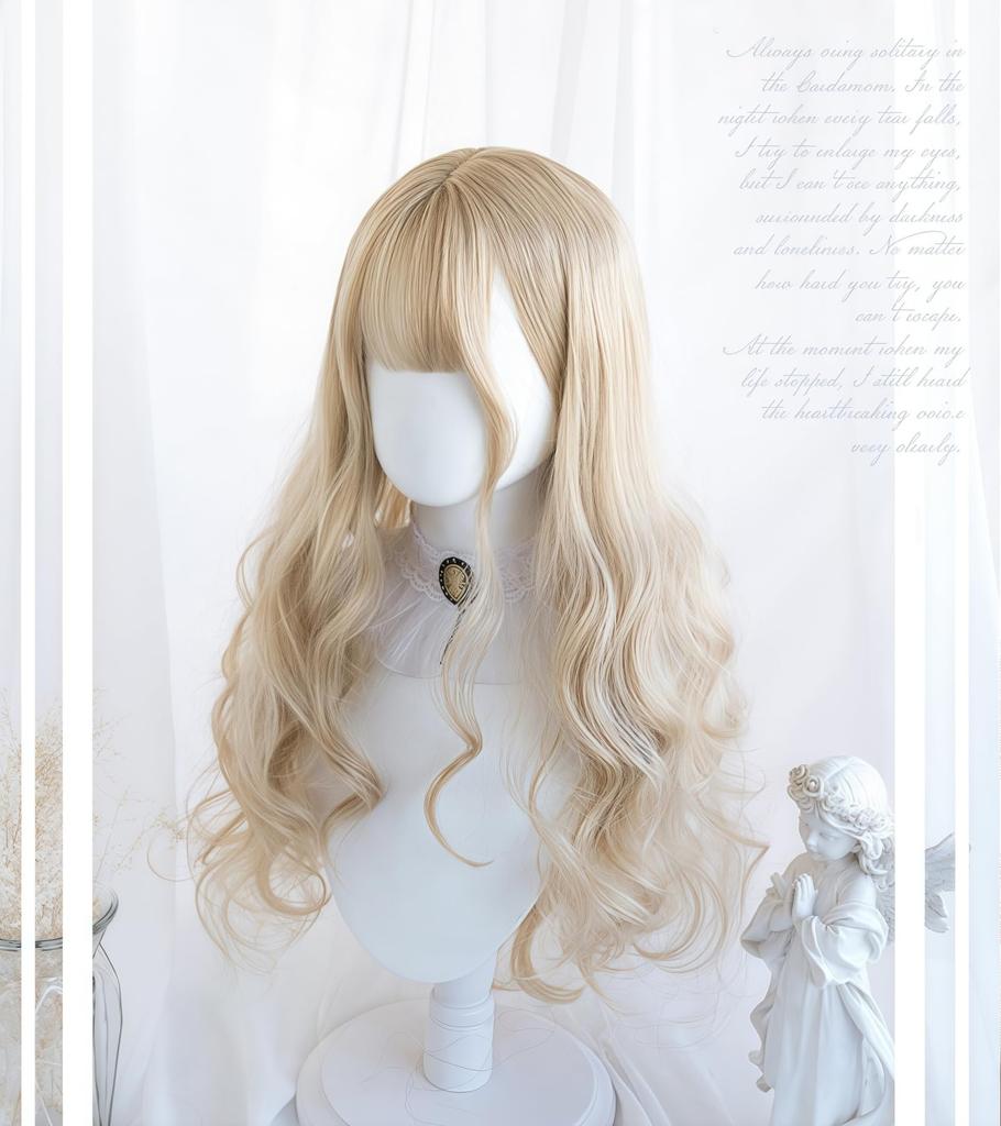 Sizuuenn Lolita Full Curly Long Hair in Blonde and Cream Cute Cosplay Wig with Perfect for School Cultural and Photo Shoots Women's Wig, Pigtails,