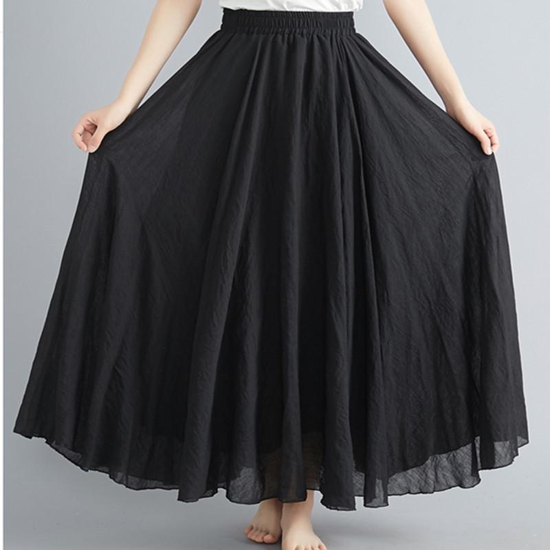 Women's Plus Size Cotton Linen Midi A-Line Skirt with Elastic Waist In 20 Colors