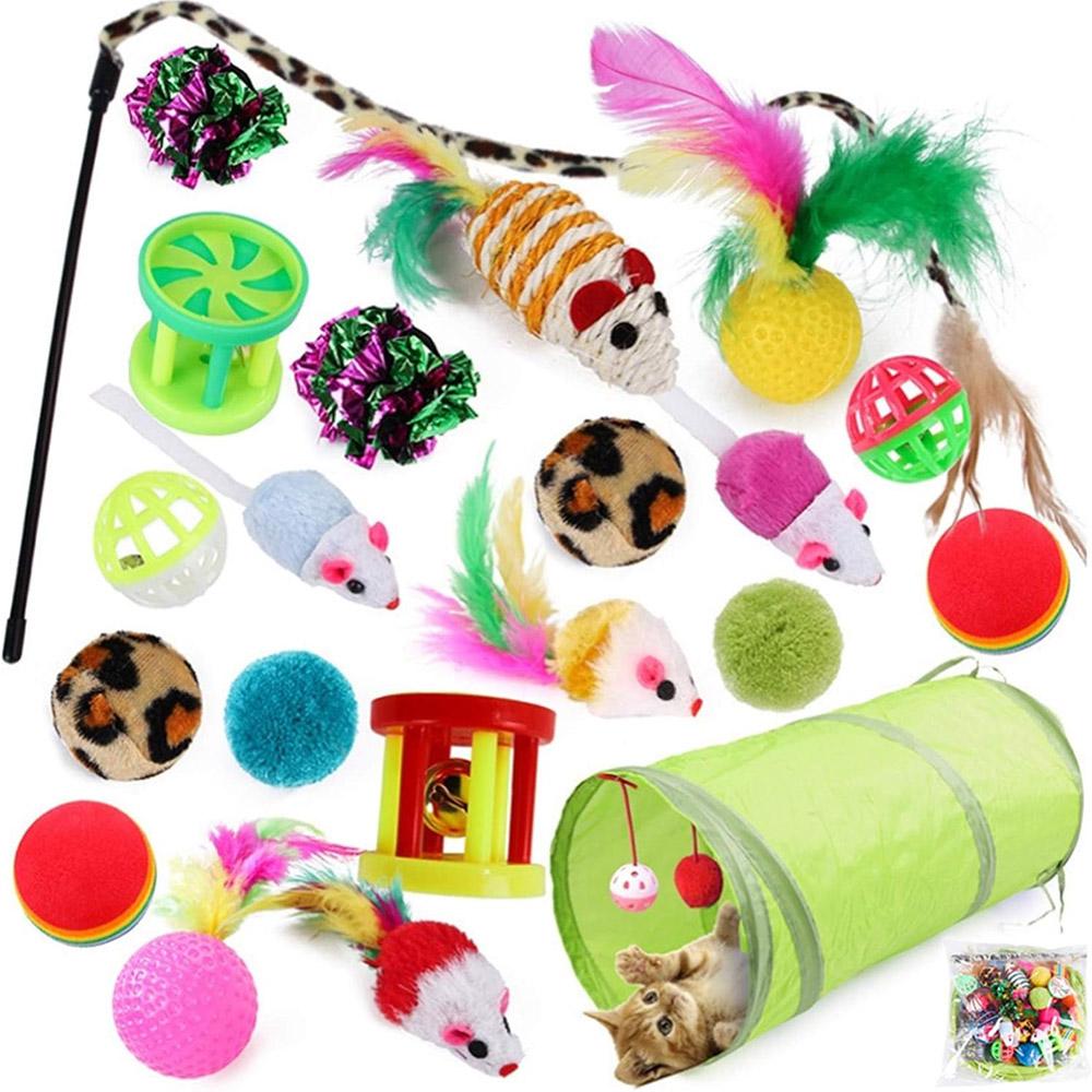 21Pcs/Set Cat Toys Set with Green Tunnel Interactive Cat Toy Feather Mouse Crinkle Balls