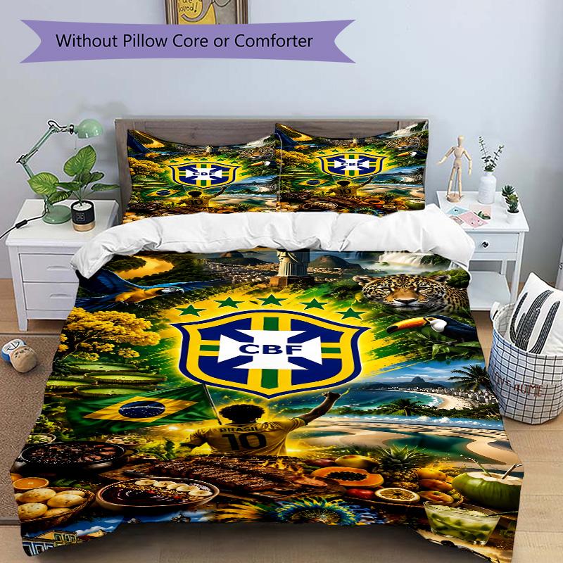3pcs Brazilian Football Celebration Bedding Set, Includes One Quilt Cover and Two Pillowcases, Bedroom and Guest Room Decoration. T72301147