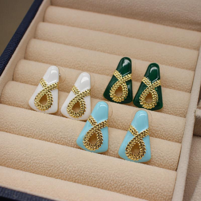 

Vintage French Retro Enamel Bow Earrings - Silver Needle, Colorful Drop Glaze зелёный