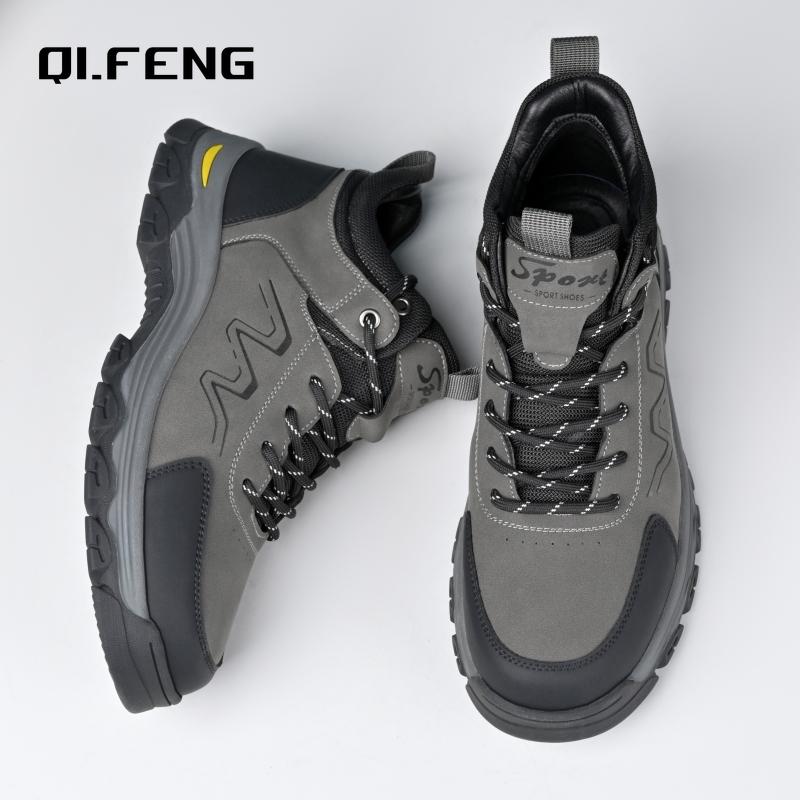 Men Outdoor Travel Hiking Mountaineering Shoes Large Genuine Leather High Top Casual Shoes Anti Slip Wear-Resistant Sneaker