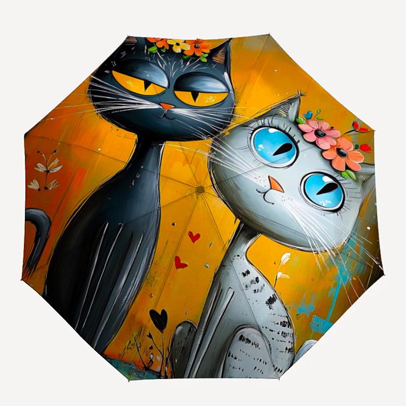 

1pc Cat Lovers Feline Friendship Automatic Folding Umbrella - Compact 8-Rib Design, Durable Plastic & Iron, 079