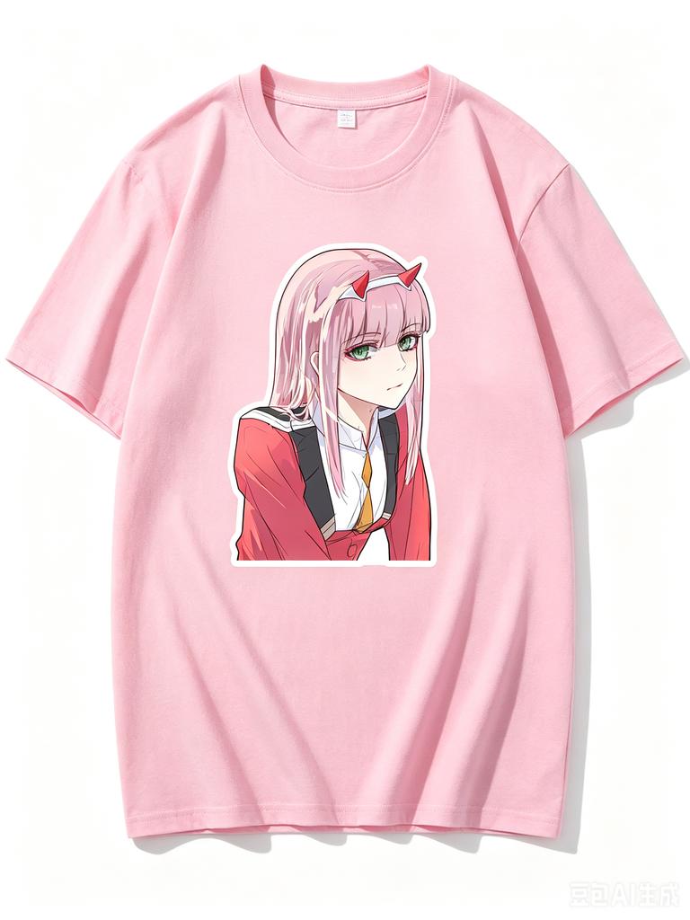 2026 New Unisex Crew Neck Casual Short Sleeve TShirt With Uniform Zero Two Bust Cutout Anime Print TShirt