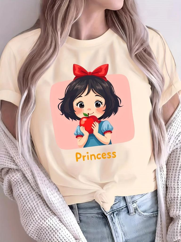 Camiseta informal de tela con cuello redondo y estampado de dibujos animados vibrantes para mujer Unisexga corta con grfico de