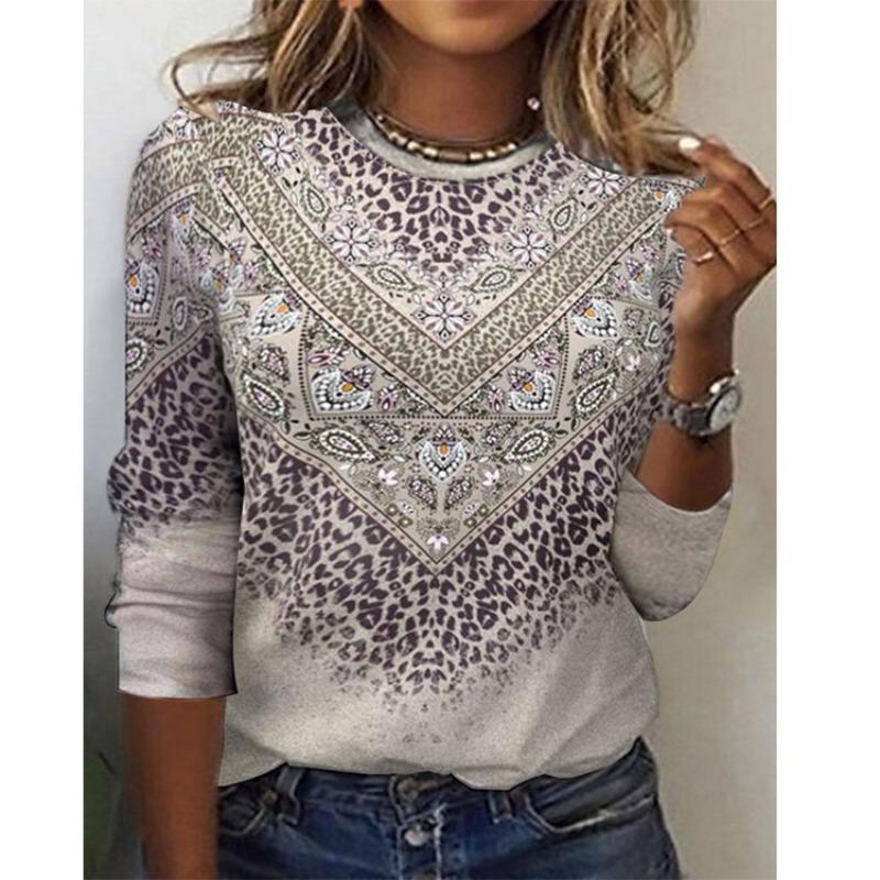 Spring and Autumn New Women s Tops Retro Printed Round Neck Long Sleeve T-Shirt S серый