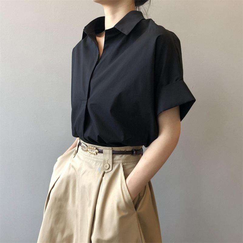Retro Short Sleeved Shirt Women Summer Stylish Versatile White Shirt Loose Batwing Sleeve Collar