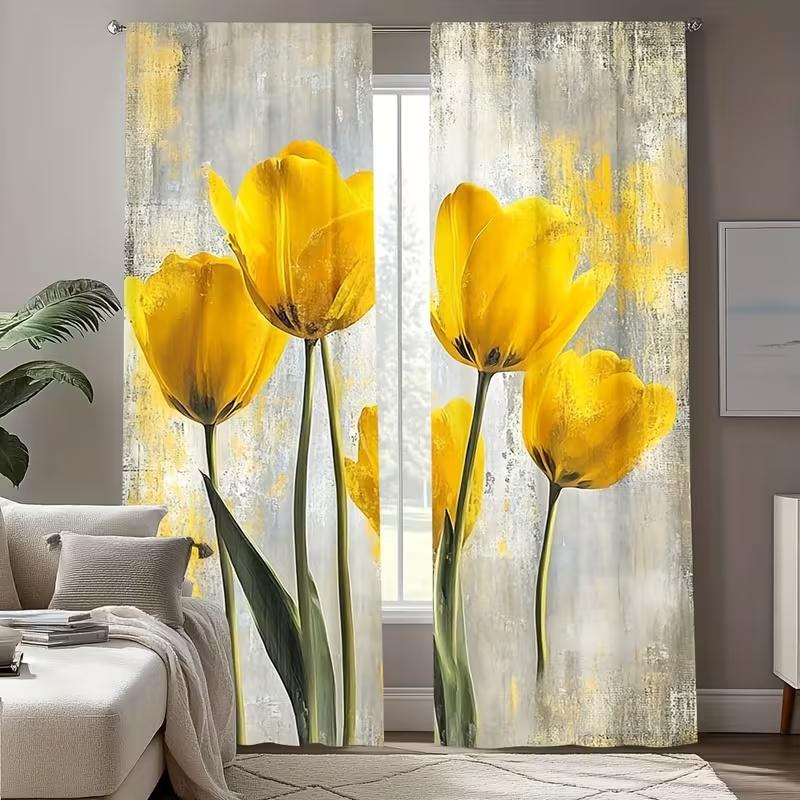 2 szt. Żółte zasłony z nadrukiem tulipanów, odpowiednie do dekoracji sypialni, salonu, kuchni, dekoracji domu, dekoracji okien