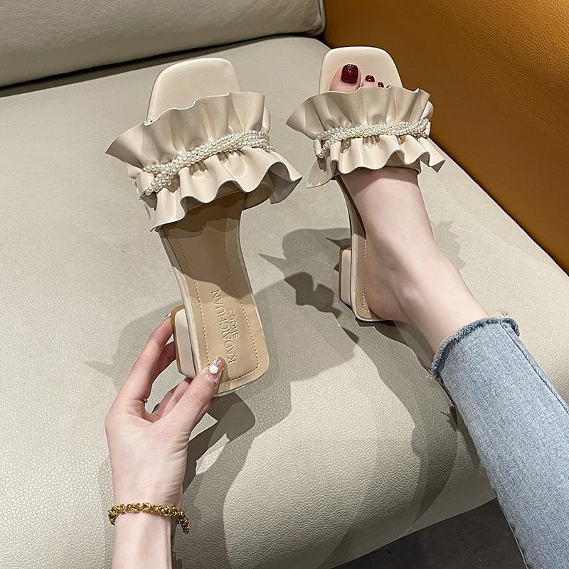 2025 Summer New Ruffle Leaf Edge Thick Heel Slippers Women's Outer Wear Medium Heel Open Toe One-word Fashion Cool Slippers