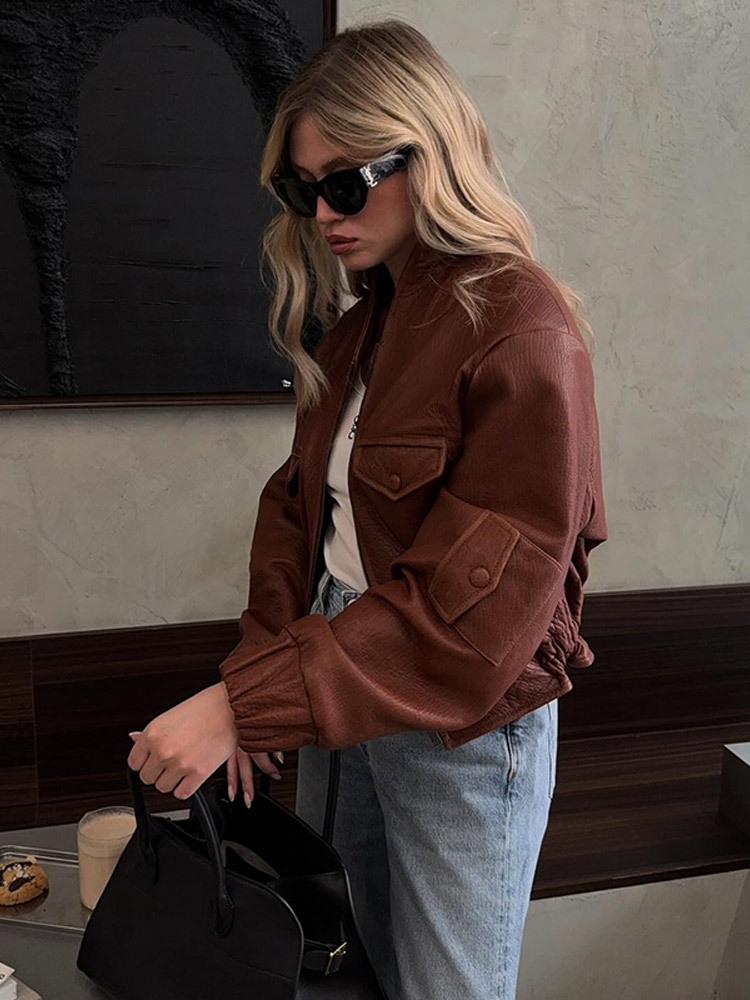 Women's 2025 Autumn Leather Jacket: Round Neck, Zipper, Multi-Pocket, Casual Street Style