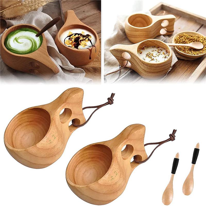 ABWR-4Pack Nordic Style Wooden Cup Kuksa Cup Portable Outdoor Camping Drinking Mug Wooden Coffee Cup With Wooden Spoon