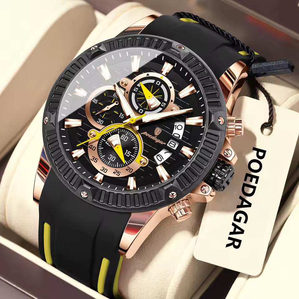 

POEDAGAR Sports Men Watches Waterproof Luminous Chronograph Date Military Watch Silicone Strap Quartz Wristwatch Reloj рожевий колір золота/чорний