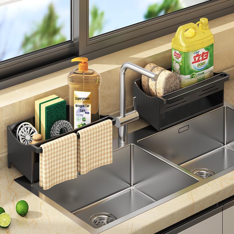 Kitchen Sink Storage Rack: Detergent, Sponge, Wipes, Steel Wire Ball, Drain.