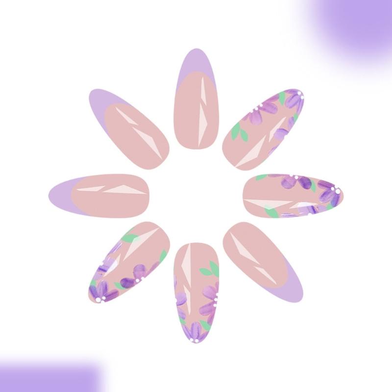 Waterproof Press On Artificial Nail With Violets Floral Art Plastic Nail Tips For Party Wedding