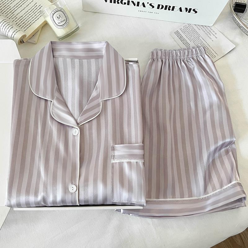Stylish And Simple Ice Silk Pajamas Women'S Summer Short-Sleeved Cardigan Striped Sweet Loungewear Suit