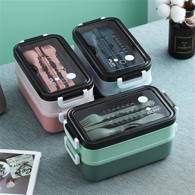 Fiambrera de Doble Capa 1 ud. Portátil con Compartimentos Caja de Comida Fiambrera para Microondas con Tenedor Palillos y Cuchara para Escuela Oficina