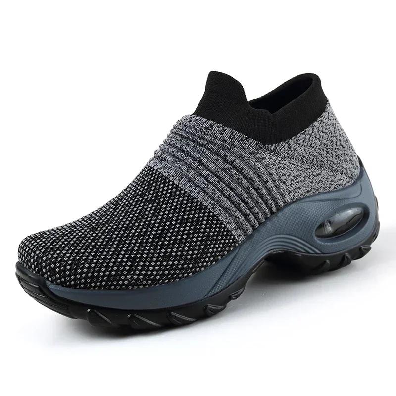 

Fashion Cushioning Plattorm Casual Shoes Women Flying Weave Slip On Sock Sneakers Ladies Non-slip Baskets Wedges Walking Shoes 35 серый