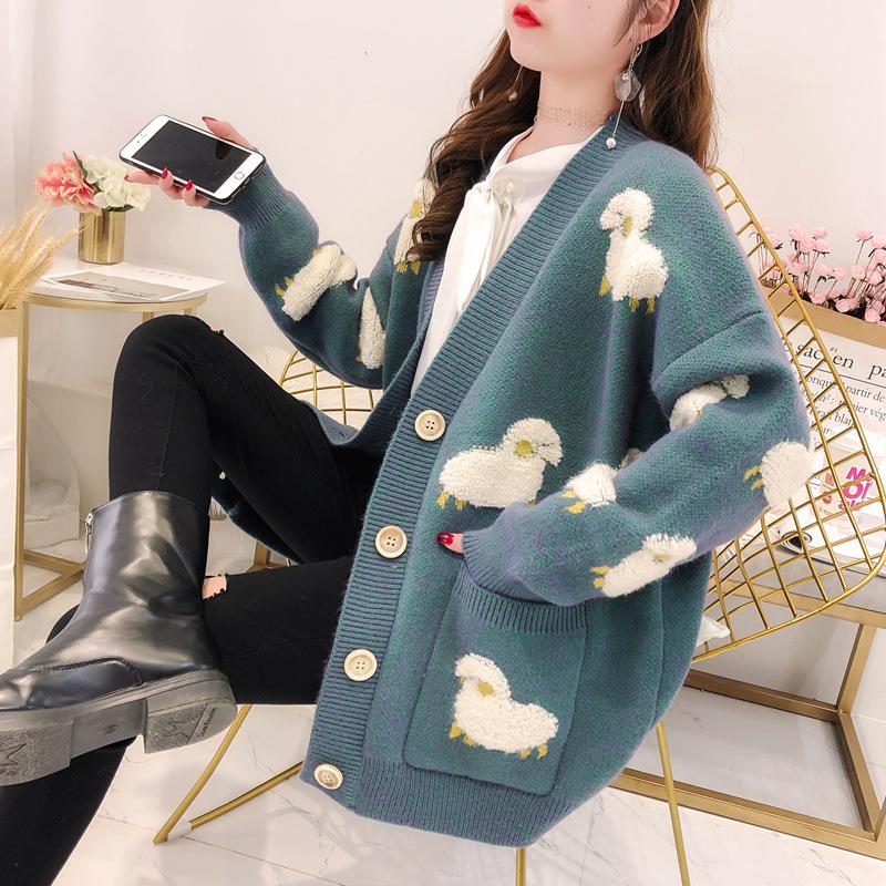 Nadměrná velikost Úzký pletený svetr střední velikosti Dámská Kapsa na knoflík Dekorace Kreslený Neformální svetr Cardigan Ženy jaro podzim 2020