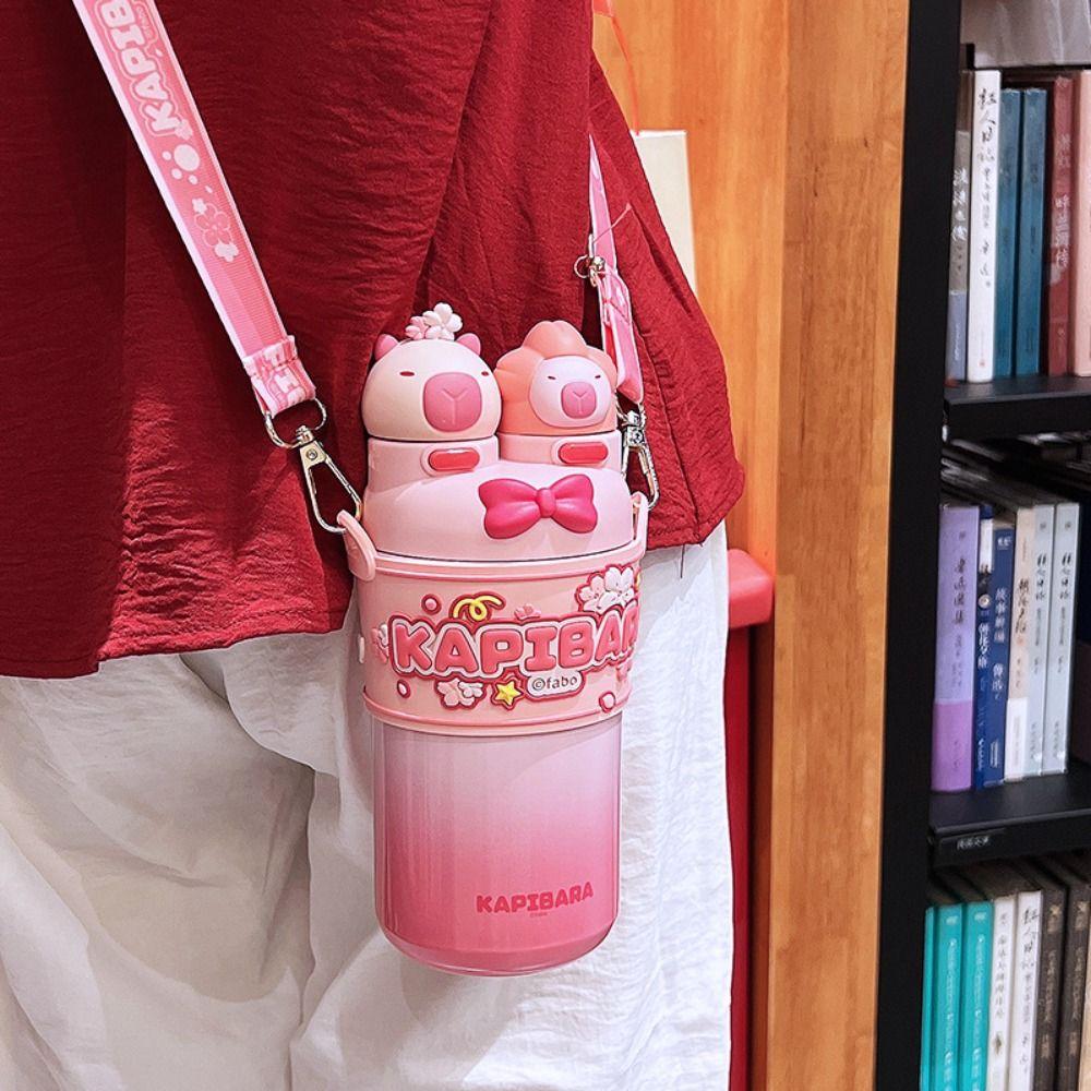 Cartoon 640/600/550ML Large Capacity Insulated Cup Stainless Steel Panda Water Bottle Capybara Thermal Mug for Boys and Girls