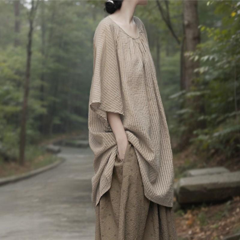 Johnature Women Vintage Bat Sleeve T-Shirts Striped Summer O-Neck Loose Soft Female T-Shirts